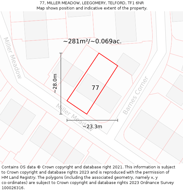 77, MILLER MEADOW, LEEGOMERY, TELFORD, TF1 6NR: Plot and title map