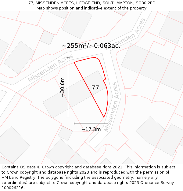 77, MISSENDEN ACRES, HEDGE END, SOUTHAMPTON, SO30 2RD: Plot and title map
