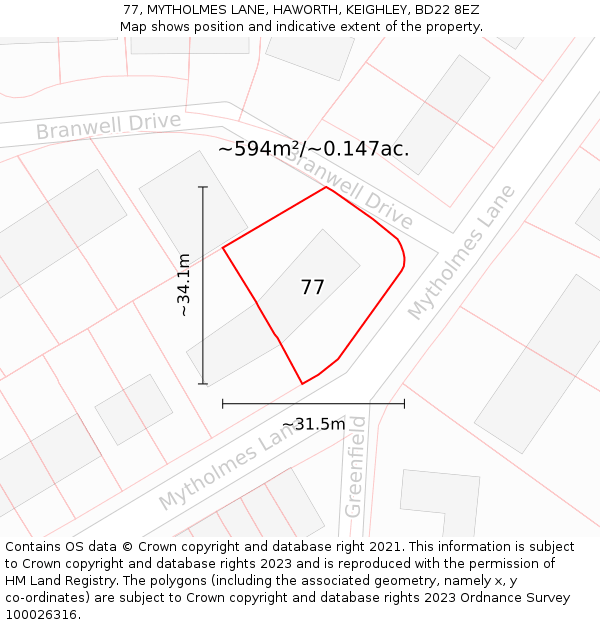 77, MYTHOLMES LANE, HAWORTH, KEIGHLEY, BD22 8EZ: Plot and title map