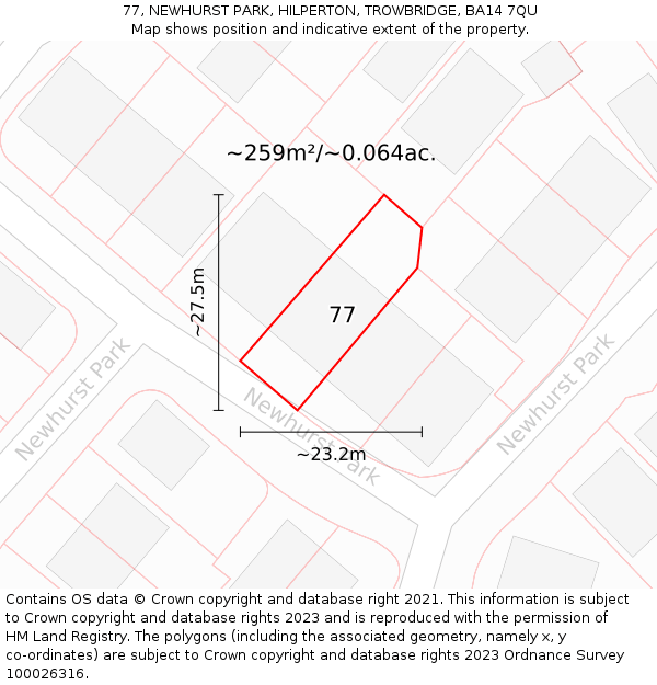 77, NEWHURST PARK, HILPERTON, TROWBRIDGE, BA14 7QU: Plot and title map