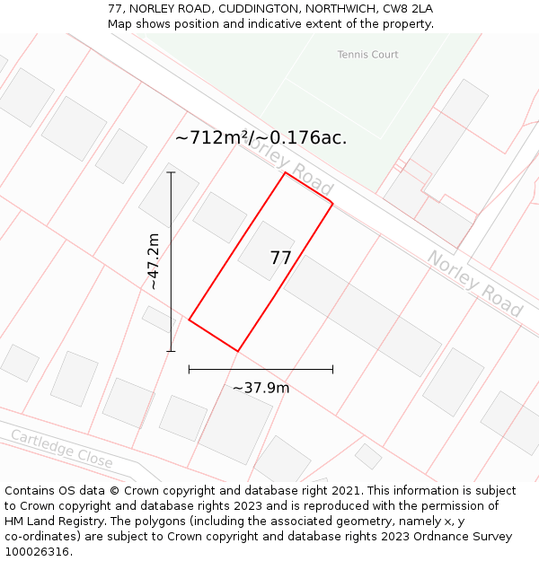 77, NORLEY ROAD, CUDDINGTON, NORTHWICH, CW8 2LA: Plot and title map