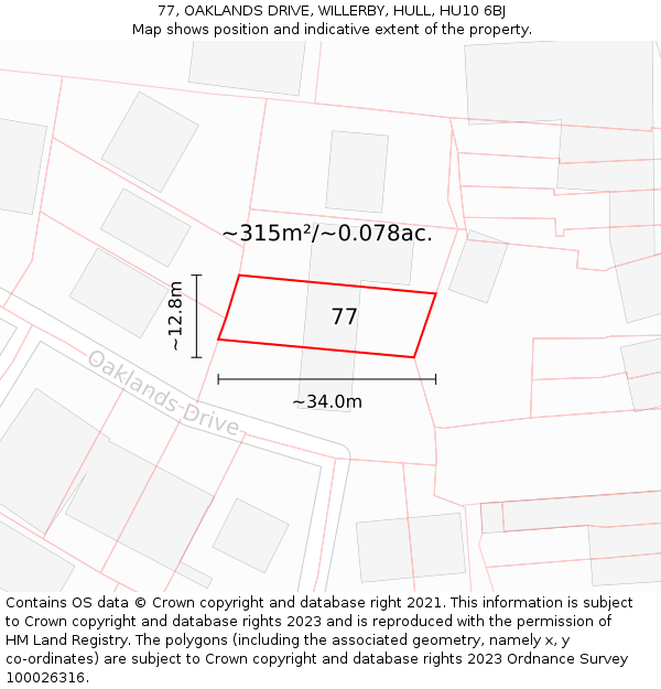 77, OAKLANDS DRIVE, WILLERBY, HULL, HU10 6BJ: Plot and title map