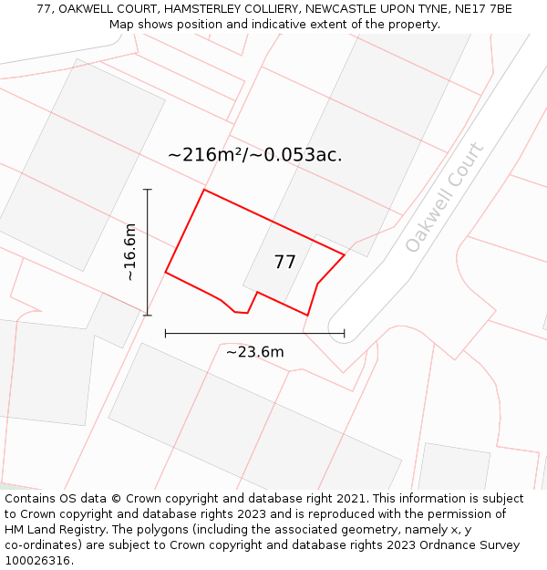 77, OAKWELL COURT, HAMSTERLEY COLLIERY, NEWCASTLE UPON TYNE, NE17 7BE: Plot and title map