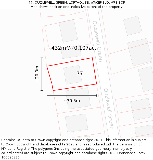 77, OUZLEWELL GREEN, LOFTHOUSE, WAKEFIELD, WF3 3QP: Plot and title map