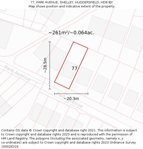 77, PARK AVENUE, SHELLEY, HUDDERSFIELD, HD8 8JY: Plot and title map