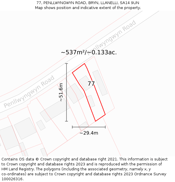 77, PENLLWYNGWYN ROAD, BRYN, LLANELLI, SA14 9UN: Plot and title map