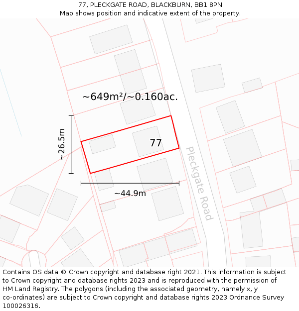 77, PLECKGATE ROAD, BLACKBURN, BB1 8PN: Plot and title map