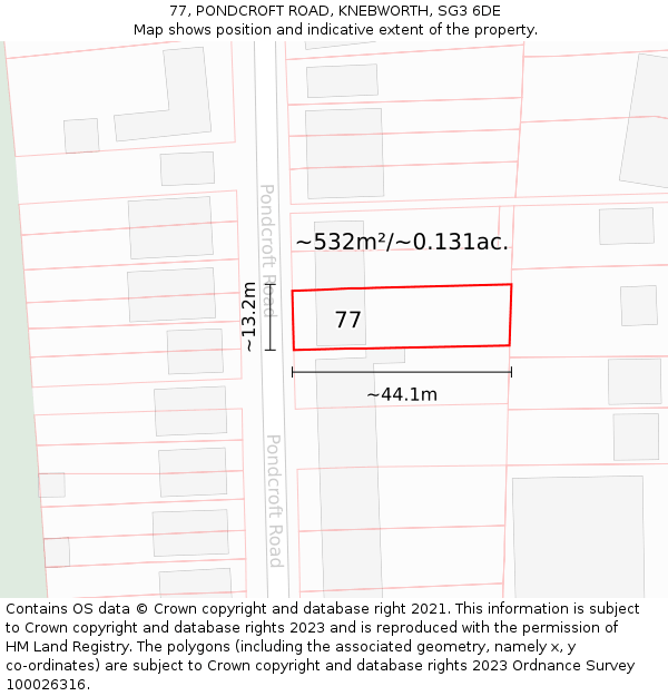 77, PONDCROFT ROAD, KNEBWORTH, SG3 6DE: Plot and title map