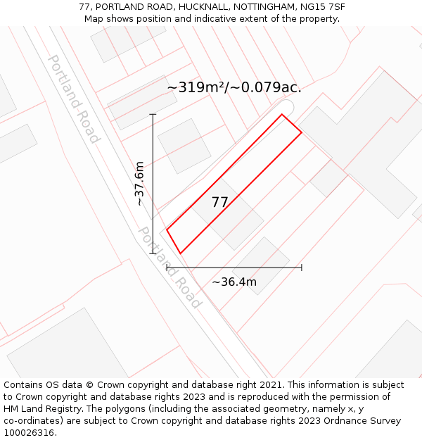 77, PORTLAND ROAD, HUCKNALL, NOTTINGHAM, NG15 7SF: Plot and title map