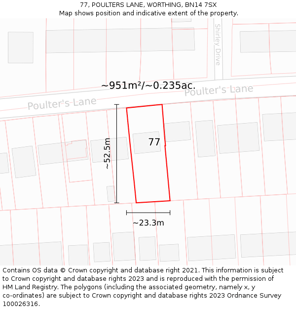 77, POULTERS LANE, WORTHING, BN14 7SX: Plot and title map