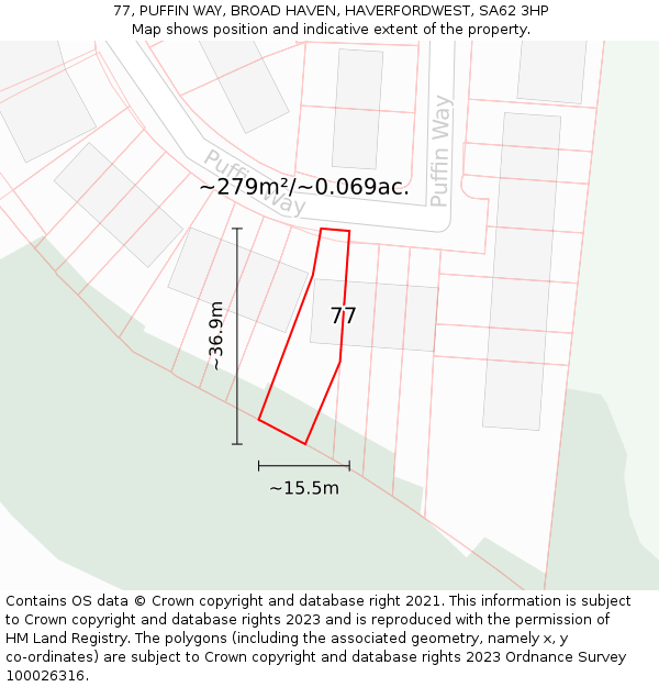 77, PUFFIN WAY, BROAD HAVEN, HAVERFORDWEST, SA62 3HP: Plot and title map