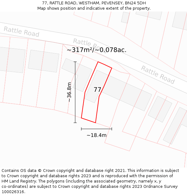 77, RATTLE ROAD, WESTHAM, PEVENSEY, BN24 5DH: Plot and title map