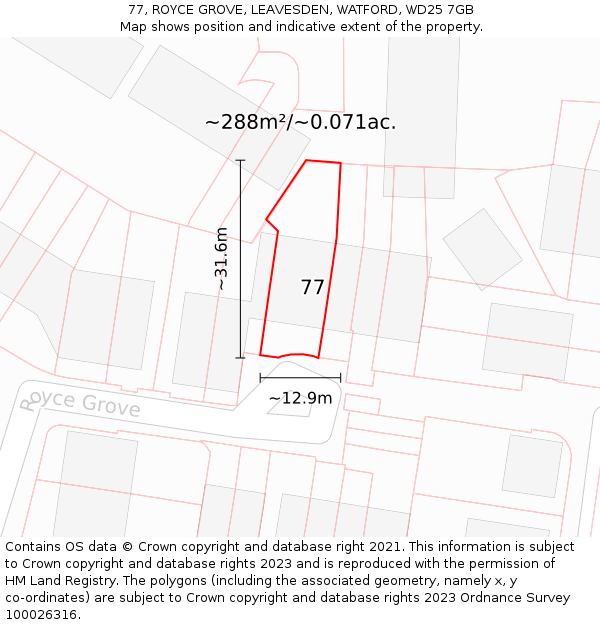 77, ROYCE GROVE, LEAVESDEN, WATFORD, WD25 7GB: Plot and title map