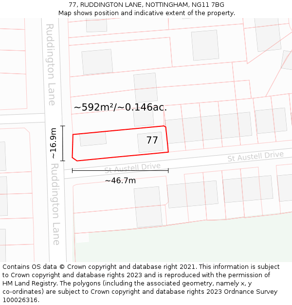 77, RUDDINGTON LANE, NOTTINGHAM, NG11 7BG: Plot and title map