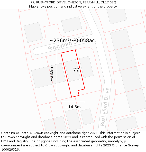 77, RUSHYFORD DRIVE, CHILTON, FERRYHILL, DL17 0EQ: Plot and title map