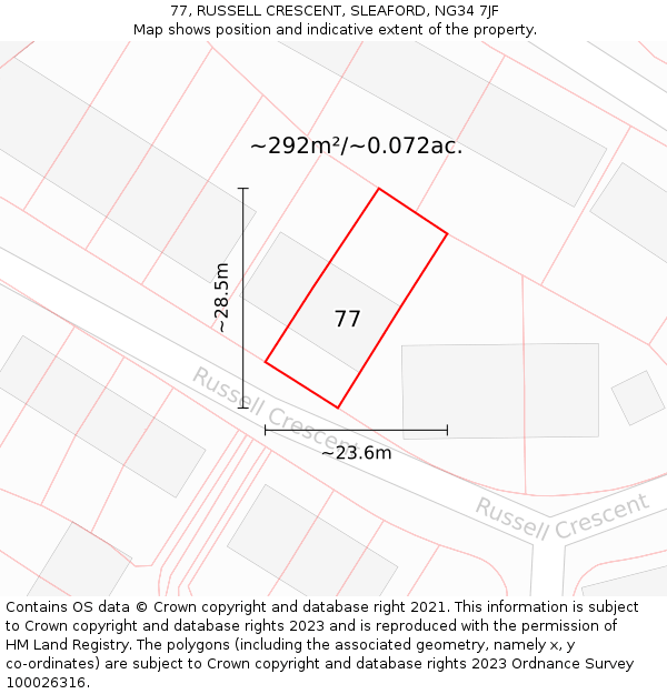 77, RUSSELL CRESCENT, SLEAFORD, NG34 7JF: Plot and title map