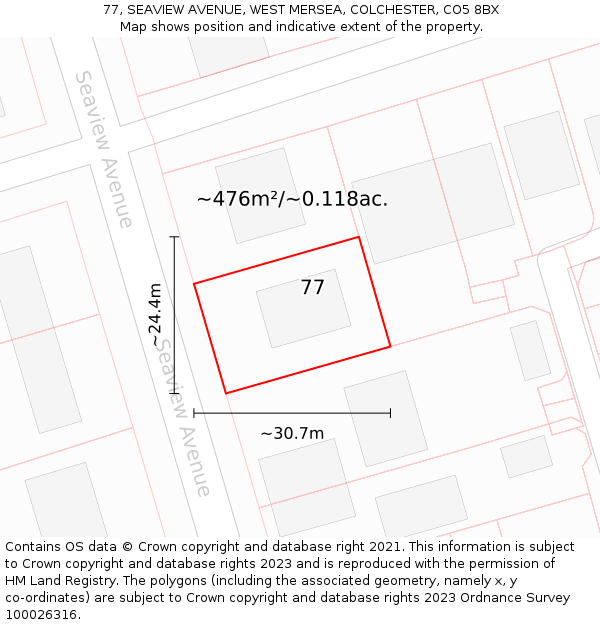 77, SEAVIEW AVENUE, WEST MERSEA, COLCHESTER, CO5 8BX: Plot and title map