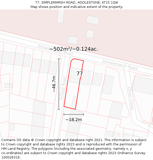 77, SIMPLEMARSH ROAD, ADDLESTONE, KT15 1QW: Plot and title map