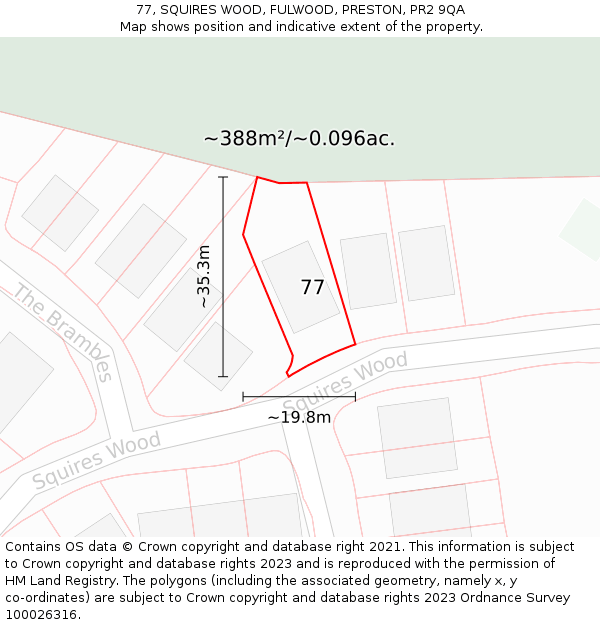 77, SQUIRES WOOD, FULWOOD, PRESTON, PR2 9QA: Plot and title map