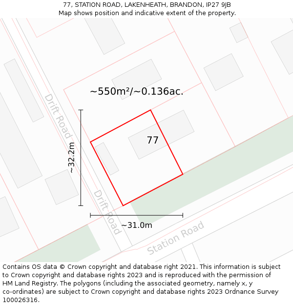 77, STATION ROAD, LAKENHEATH, BRANDON, IP27 9JB: Plot and title map