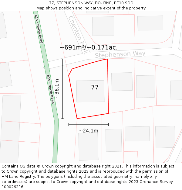 77, STEPHENSON WAY, BOURNE, PE10 9DD: Plot and title map