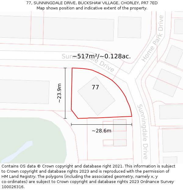 77, SUNNINGDALE DRIVE, BUCKSHAW VILLAGE, CHORLEY, PR7 7ED: Plot and title map