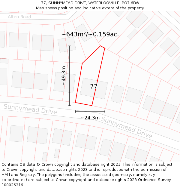 77, SUNNYMEAD DRIVE, WATERLOOVILLE, PO7 6BW: Plot and title map