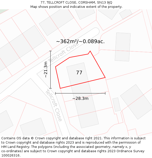 77, TELLCROFT CLOSE, CORSHAM, SN13 9JQ: Plot and title map