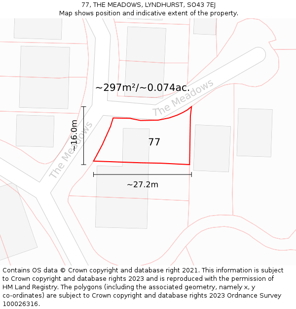 77, THE MEADOWS, LYNDHURST, SO43 7EJ: Plot and title map