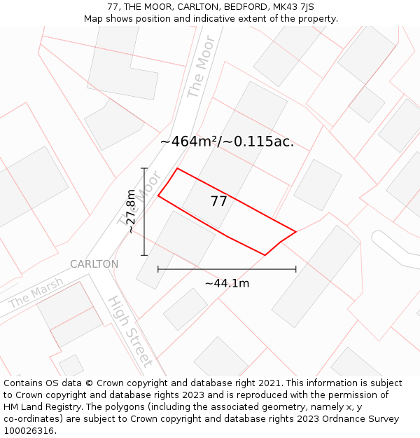 77, THE MOOR, CARLTON, BEDFORD, MK43 7JS: Plot and title map