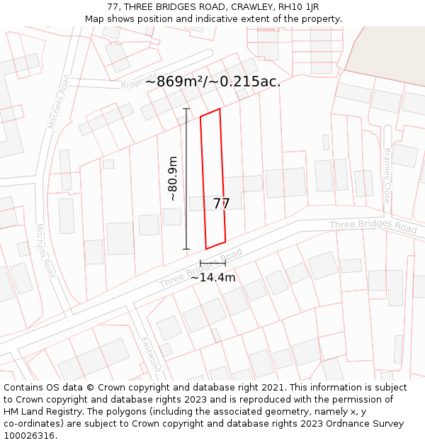 77, THREE BRIDGES ROAD, CRAWLEY, RH10 1JR: Plot and title map