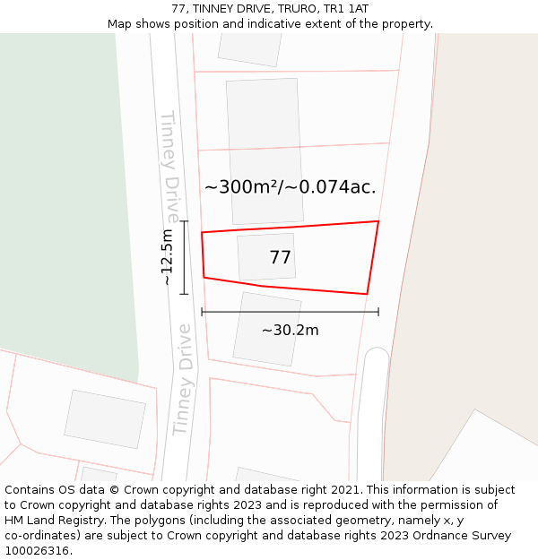 77, TINNEY DRIVE, TRURO, TR1 1AT: Plot and title map