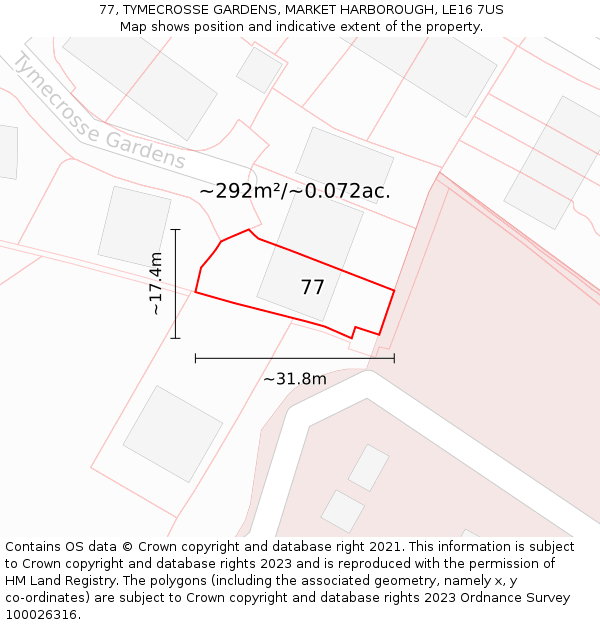77, TYMECROSSE GARDENS, MARKET HARBOROUGH, LE16 7US: Plot and title map