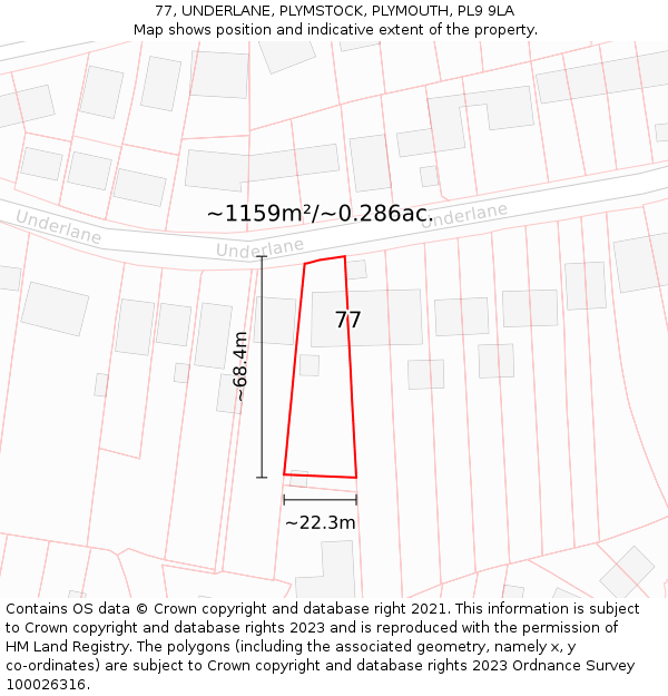 77, UNDERLANE, PLYMSTOCK, PLYMOUTH, PL9 9LA: Plot and title map