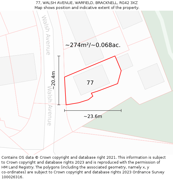 77, WALSH AVENUE, WARFIELD, BRACKNELL, RG42 3XZ: Plot and title map