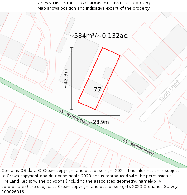 77, WATLING STREET, GRENDON, ATHERSTONE, CV9 2PQ: Plot and title map