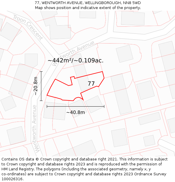 77, WENTWORTH AVENUE, WELLINGBOROUGH, NN8 5WD: Plot and title map