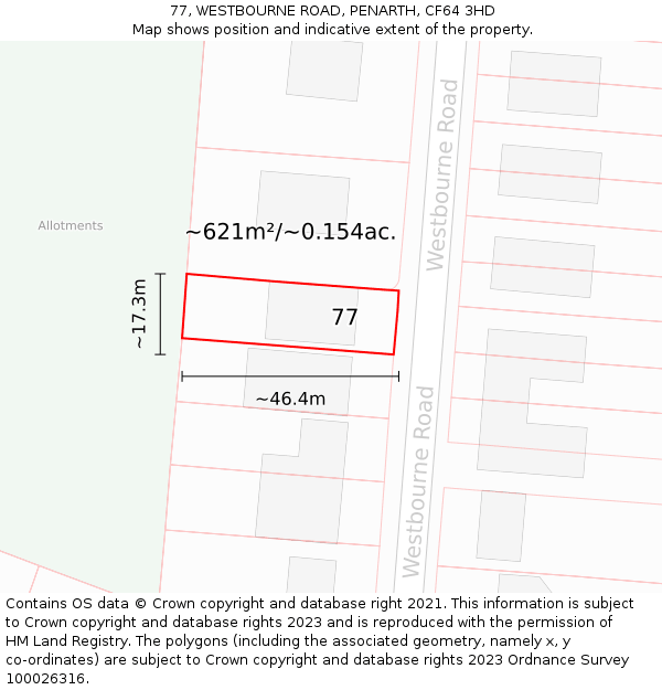 77, WESTBOURNE ROAD, PENARTH, CF64 3HD: Plot and title map