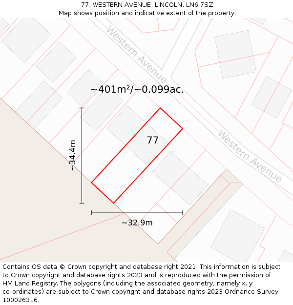 77, WESTERN AVENUE, LINCOLN, LN6 7SZ: Plot and title map
