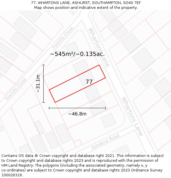 77, WHARTONS LANE, ASHURST, SOUTHAMPTON, SO40 7EF: Plot and title map