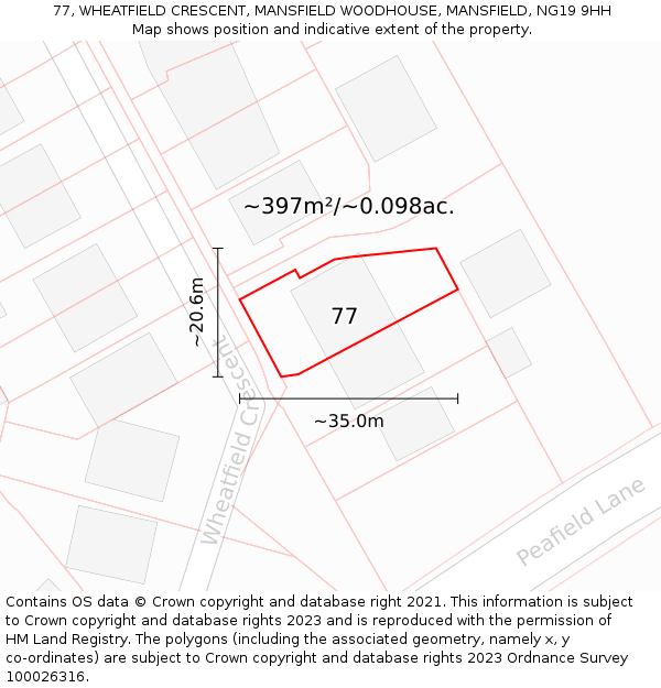 77, WHEATFIELD CRESCENT, MANSFIELD WOODHOUSE, MANSFIELD, NG19 9HH: Plot and title map