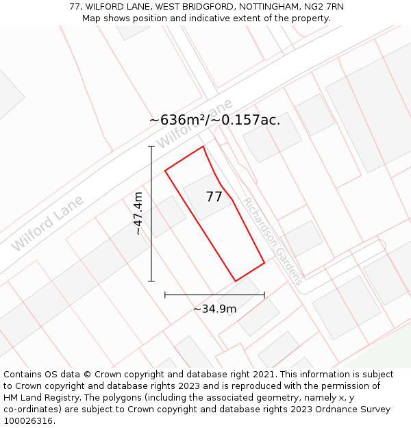 77, WILFORD LANE, WEST BRIDGFORD, NOTTINGHAM, NG2 7RN: Plot and title map