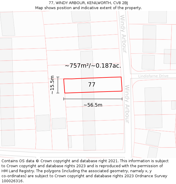 77, WINDY ARBOUR, KENILWORTH, CV8 2BJ: Plot and title map