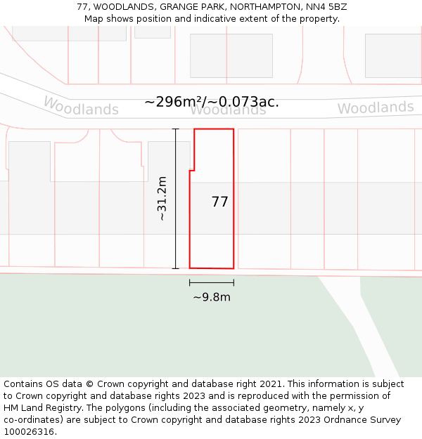 77, WOODLANDS, GRANGE PARK, NORTHAMPTON, NN4 5BZ: Plot and title map