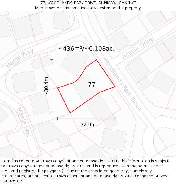 77, WOODLANDS PARK DRIVE, DUNMOW, CM6 1WT: Plot and title map