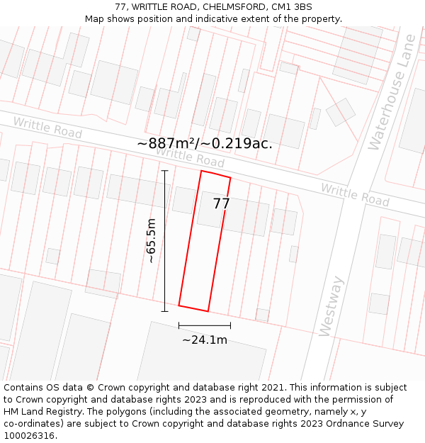 77, WRITTLE ROAD, CHELMSFORD, CM1 3BS: Plot and title map