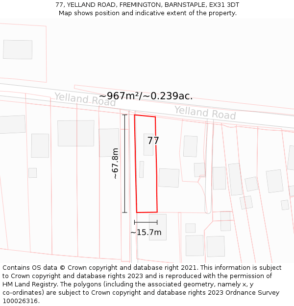 77, YELLAND ROAD, FREMINGTON, BARNSTAPLE, EX31 3DT: Plot and title map