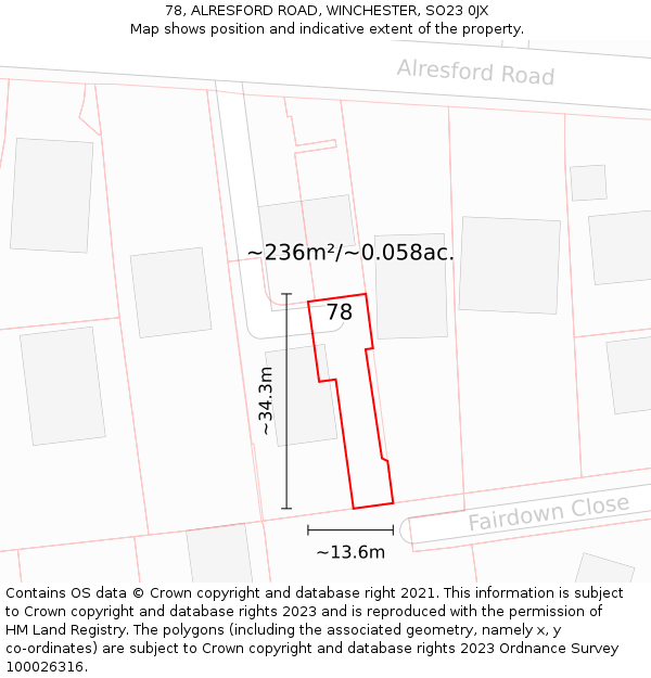 78, ALRESFORD ROAD, WINCHESTER, SO23 0JX: Plot and title map