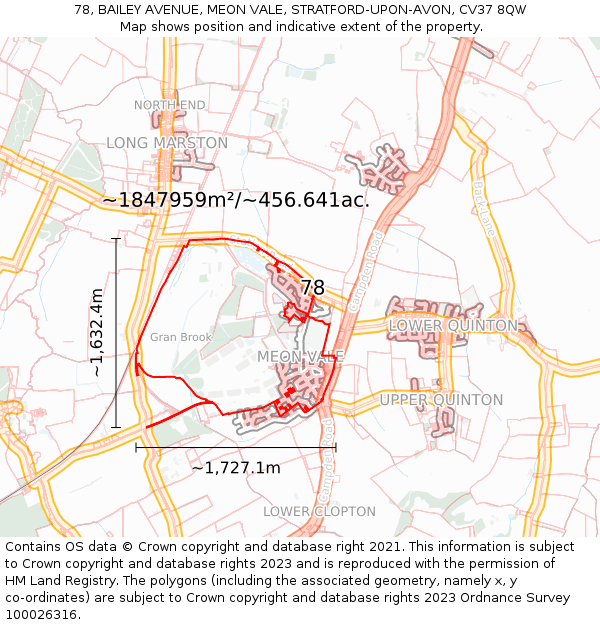 78, BAILEY AVENUE, MEON VALE, STRATFORD-UPON-AVON, CV37 8QW: Plot and title map