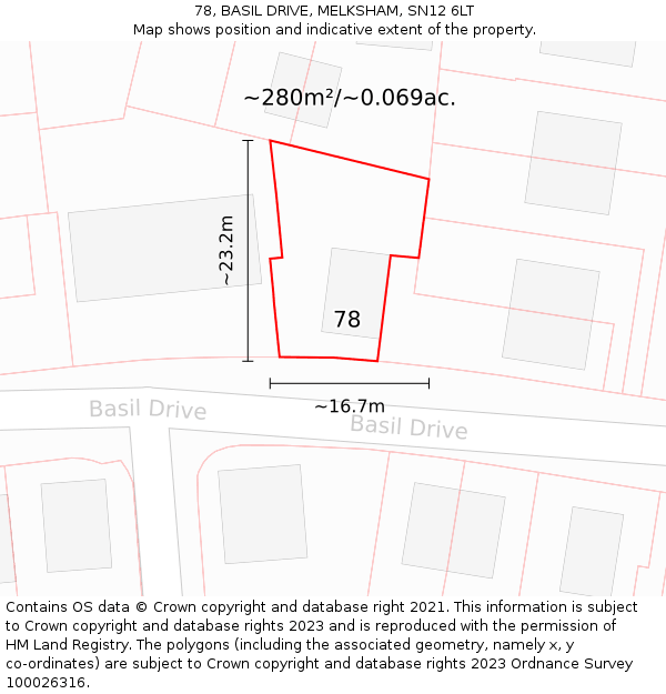 78, BASIL DRIVE, MELKSHAM, SN12 6LT: Plot and title map